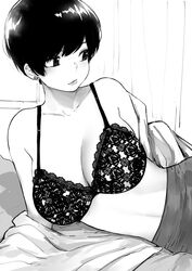  bed bra breasts cleavage commentary earrings english_commentary female greyscale highres jewelry lace lace_bra large_breasts looking_away lying monochrome norman_maggot olive_laurentia on_side open_clothes open_shirt original pencil_skirt pixie_cut short_hair skirt solo underwear 