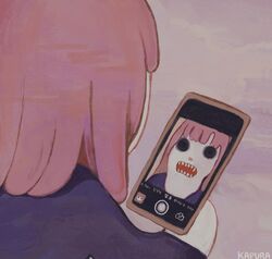  black_eyes cellphone commentary_request female highres ios_(os) iphone_x kapura long_hair long_sleeves open_mouth original phone pink_hair signature smartphone solo teeth 