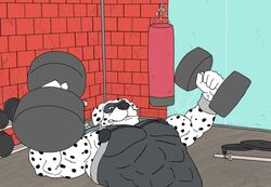  5_fingers abs animated anthro barbell_(animagusurreal) big_muscles black_spots canid canine canis dalmatian domestic_dog dumbbell exercise fingers floppy_ears fur gym holding_dumbbell male mammal mask muscular muscular_anthro muscular_male onku pecs punching_bag sharp_teeth short_playtime solo spots supervillain teeth weight_rack weightlifting weights white_body white_fur workout wristband 