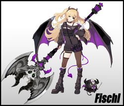  absurdres axe bag battle_axe black_border black_jacket blonde_hair boots border breasts character_name collar contrapposto demon_tail eyepatch fake_horns female fischl_(genshin_impact) fishnet_pantyhose fishnet_thighhighs fishnets full_body genshin_impact green_eyes hairband hand_on_own_hip handbag high_heel_boots high_heels highres holding holding_axe horns jacket leg_warmers legwear_garter long_hair long_sleeves looking_at_viewer off_shoulder open_clothes open_jacket pantyhose single_leg_pantyhose single_thighhigh small_breasts smile solo tail thighhighs two_side_up weapon wings yogu_(user_rxdx2445) 