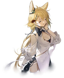  animal_ears arknights blonde_hair bracelet braid breasts chinese_commentary cleavage cleavage_cutout closed_eyes closed_mouth clothing_cutout commentary covered_navel dress ear_ornament fan_hair_ornament female hair_between_eyes hand_on_own_cheek hand_on_own_face highres jewelry kroos_(arknights) kroos_the_keen_glint_(along_the_corridor)_(arknights) kroos_the_keen_glint_(arknights) long_bangs long_hair medium_breasts official_alternate_costume side_braid simple_background smile solo upper_body very_long_hair white_background white_dress woodylixx 