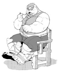  1boy absurdres aegis_(crave_saga) alternate_costume animal_ears armor bara bear_boy bear_ears belly blush bursting_pectorals casual crave_saga facial_hair fat fat_man forked_eyebrows furry furry_male goatee greyscale highres holding holding_spoon kumagayasin looking_to_the_side male_focus mature_male midriff_peek monochrome moustache muscular muscular_male navel_hair old old_man on_chair pectorals shirt short_hair shy sitting solo spoon thick_eyebrows translation_request 