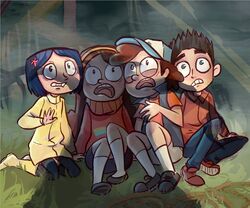  2boys 2girls black_hair blue_hair brother_and_sister brown_hair commentary coraline coraline_(film) coraline_jones crossover dipper_pines frown gravity_falls guillotin hair_ornament hairband hat mabel_pines multiple_boys multiple_crossover multiple_girls norman_babcock open_mouth paranorman shadow siblings sitting 