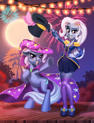  2020 biped blue_body bottomwear cape clothing digital_media_(artwork) duo equestria_girls equid equine female feral fireworks friendship_is_magic full_moon hair harwick hasbro hat headgear headwear hi_res hooves horse human mammal moon my_little_pony on_hind_legs pony purple_eyes skirt square_crossover stage top_hat trixie_(eg) trixie_(mlp) white_hair witch_hat wizard_hat 