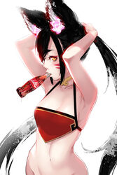  adjusting_hair animal_ears armpits arms_up bare_arms bare_shoulders black_hair bottle breasts chinese_clothes cleavage coca-cola drink dudou eyeshadow facial_mark female flower fox_ears highres hu-er_(robot_cat) long_hair looking_at_viewer looking_to_the_side makeup mouth_hold navel original pink_flower profile red_eyeshadow robot_cat_(robotcatart) shadow simple_background small_breasts solo twintails very_long_hair whisker_markings white_background yellow_eyes 