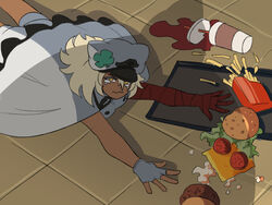  apu_spills_his_tendies_(meme) burger cheese clover commentary cup dark-skinned_female dark_skin drinking_straw dropped_food english_commentary female food four-leaf_clover french_fries guilty_gear guilty_gear_strive hat highres lettuce looking_at_viewer looking_up lying meme on_stomach ramlethal_valentine spill tears tina_fate tomato tomato_slice tray wavy_mouth yellow_eyes 