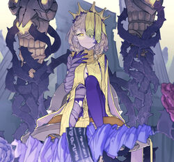  bandaged_arm bandaged_leg bandages blonde_hair body_markings braid briar_rose_(sinoalice) closed_mouth corruption crown dark_persona elbow_gloves female flower gloves glowing glowing_eyes half-nightmare looking_at_viewer one_eye_covered purple_gloves rose short_hair sigatu_r sinoalice sitting smile solo staff tattoo yellow_eyes 