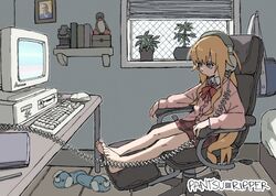  :/ absurdres ahoge artist_logo bad_id bad_twitter_id bag barefoot bed bird blonde_hair blue_shirt book bow bowtie cardigan chair closed_mouth collared_shirt commentary commission computer computer_keyboard computer_mouse crt desk dog_slippers english_commentary feet female framed_image full_body gabriel_dropout gabriel_tenma_white hair_between_eyes headphones highres indoors linux long_hair long_sleeves looking_at_screen looking_at_viewer looking_to_the_side miniskirt mitsubishi mitsubishi_electric monitor notebook office_chair pantsu-ripper pen penguin photo_inset pink_cardigan plaid plaid_skirt plant polo_shirt potted_plant purple_eyes qr_code real_life red_bow red_bowtie red_skirt school_bag school_uniform shelf shirt sidelocks sitting skirt slippers smile solo swivel_chair terry_a_davis toes tux very_long_hair white_shirt window window_blinds wing_collar wooden_floor 