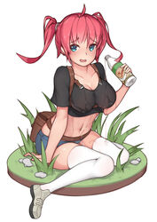  ahoge alternate_costume azur_lane backpack bag black_shirt blue_eyes blue_shorts blush bottle breasts cleavage collarbone commentary crop_top female fertilizer full_body furrowed_brow grass highres holding holding_bottle impossible_clothes impossible_shirt jinkela large_breasts liquid looking_away midriff navel open_mouth pouring pouring_onto_self red_hair rock san_diego_(azur_lane) shirt shoes short_sleeves shorts sidelocks simple_background sitting solo stmast t-shirt thighhighs twintails wariza wet wet_clothes wet_shirt white_background white_footwear white_thighhighs 