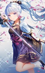  armor armored_dress blue_eyes blue_hair blunt_bangs breastplate breasts camellia_print cherry_blossoms closed_mouth female fingerless_gloves floating_hair floral_print gauntlets genshin_impact gloves hair_ornament highres holding holding_sword holding_weapon japanese_armor japanese_clothes kamisato_ayaka kamisato_clan_(emblem) kanze_mizu katana kusazuri light_blue_hair looking_at_viewer petals ponytail rimuu smile solo standing standing_on_one_leg sword tabi tassel weapon 