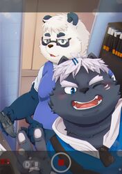  2022 anthro bear belly black_body black_nose blue_eyes blush canid canine clothing controller duo eyewear game_controller giant_panda glasses hi_res humanoid_hands kemono kokuba_hoeguro male mammal one_eye_closed overweight overweight_male sasayama_akira shirt tasty_cheeeeese topwear vtuber white_body wink 