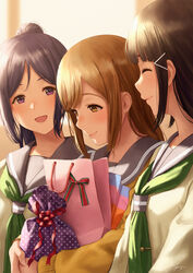  3girls :d azalea_(love_live!) bad_id bad_pixiv_id birthday black_hair blue_hair blush box closed_eyes commentary_request gift gift_box green_neckerchief hair_ornament hairclip happy_birthday high_ponytail highres holding holding_gift kunikida_hanamaru kurosawa_dia light_brown_hair long_hair love_live! love_live!_sunshine!! matsuura_kanan multiple_girls neckerchief open_mouth papi_(papiron100) purple_eyes sailor_collar school_uniform sidelocks signature smile sunset sweater upper_body uranohoshi_school_uniform yellow_eyes yellow_sweater 