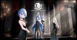  4girls alternate_costume azur_lane bare_shoulders black_choker black_dress black_footwear black_gloves blue_eyes blue_hair breasts candelabra candlestand chapayev_(azur_lane) choker cocktail_dress dress earrings elbow_gloves evening_gown gloves heterochromia highres indoors jewelry ka11_ca large_breasts light_purple_hair long_hair looking_at_viewer medium_breasts multicolored_hair multiple_girls murmansk_(azur_lane) northern_parliament_(emblem) pantyhose purple_eyes red_eyes red_hair shoes short_hair sideboob sleeveless sleeveless_dress small_breasts sovetskaya_belorussiya_(azur_lane) tallinn_(azur_lane) thighband_pantyhose two-tone_hair very_long_hair white_hair 