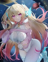  bare_shoulders blonde_hair breasts cleavage closed_mouth collar commentary_request commission cowboy_shot facing_viewer female fingerless_gloves gloves gradient_hair hand_up highres large_breasts leotard long_hair long_sleeves looking_ahead multicolored_hair murumuru_(pixiv51689952) original pantyhose pink_collar pink_hair pink_nails planet planetary_ring purple_eyes shoes sidelocks single_leg_pantyhose single_thighhigh skeb_commission skin_tight smile solo standing standing_on_one_leg star_(sky) star_(symbol) thigh_strap thighhighs thighs twintails very_long_hair white_footwear white_gloves white_leotard white_pantyhose white_thighhighs 