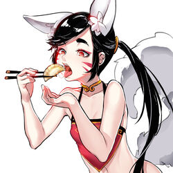  animal_ear_fluff animal_ears bare_arms bare_shoulders black_hair breasts chinese_clothes chopsticks commentary dudou dumpling eating english_commentary facial_mark female food fox_ears fox_girl fox_tail hands_up holding hu-er_(robot_cat) long_hair navel open_mouth original ponytail red_eyes robot_cat_(robotcatart) saliva shadow simple_background small_breasts solo swept_bangs tail tongue tongue_out upper_body whisker_markings white_background 