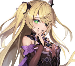  bare_shoulders black_nails blonde_hair bodystocking cropped detached_sleeves eyepatch female fischl_(genshin_impact) fishnets genshin_impact green_eyes hair_over_one_eye hair_ribbon long_hair parted_lips ribbon solaris_(sinhyg) solo two_side_up white_background 