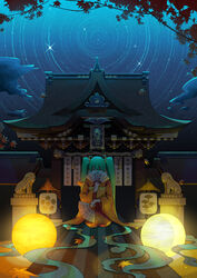  absurdres aqua_eyes aqua_hair architecture autumn_leaves commentary covering_face east_asian_architecture fan_print female floral_print folding_fan hand_fan hatsune_miku highres holding holding_fan japanese_clothes joyeac kimono kyoto lamp lantern leaf long_hair looking_at_viewer maple_leaf night night_sky obi photoshop_(medium) sash seiza sitting sky star_(sky) star_(symbol) star_trail starry_sky statue temple twintails very_long_hair vocaloid yukata 