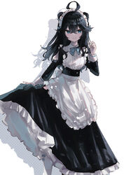  absurdres ahoge apron black_hair blue_bow blue_bowtie blue_eyes bow bowtie collared_shirt crossed_bangs dress drop_shadow female frilled_apron frills highres izumo_kasumi_(nijisanji) long_hair long_skirt long_sleeves looking_at_viewer maid_apron maid_headdress mole mole_under_mouth nijisanji noranekogahara ribbon shirt skirt skirt_hold smile solo virtual_youtuber 