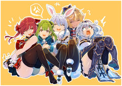  5girls ^_^ anger_vein armor blonde_hair blue_hair breasts cleavage closed_eyes controller dark-skinned_female dark_skin don-chan_(usada_pekora) double_bun elf game_controller greaves green_eyes green_hair grey_hair hair_between_eyes hair_bun heterochromia highres holding holding_controller holding_game_controller hololive hololive_fantasy houshou_marine houshou_marine_(1st_costume) large_breasts leggings long_hair looking_to_the_side looking_up medium_breasts multiple_girls oerba_yun_fang open_mouth orange_eyes pantyhose pointy_ears red_eyes red_hair scared shiranui_flare shiranui_flare_(old_design) shirogane_noel shirogane_noel_(1st_costume) short_eyebrows short_hair short_hair_with_long_locks sitting smile spoken_anger_vein thick_thighs thighhighs thighs twintails uruha_rushia uruha_rushia_(1st_costume) usada_pekora usada_pekora_(1st_costume) v-shaped_eyebrows virtual_youtuber wide-eyed yagi_(yagiumaaai) yellow_background 