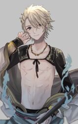  1boy abs akitama2727 aladdin_(sinoalice) blonde_hair blue_eyes closed_mouth grey_background hair_over_one_eye highres jewelry long_sleeves looking_at_viewer male_focus muscular muscular_male navel necklace nipples short_hair simple_background sinoalice smile 