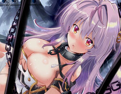  :o azur_lane bare_shoulders belt blush breasts chains cleavage female grenville_(azur_lane) highres large_breasts light_purple_hair long_hair looking_at_viewer multicolored_hair oppai_loli purple_hair solo tonchinkan torn_clothes 