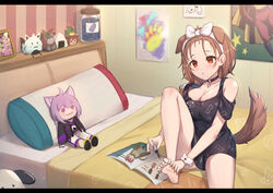  animal_ears applying_pedicure barefoot bed bedroom blush breasts brown_hair cleavage collarbone commentary_request dog_ears dog_girl dog_tail extra_ears feet female forehead fubuchun hairband hands_on_feet hatotaurus_(ookami_mio) hololive hoso-inu indoors inugami_korone inugami_korone_(loungewear) long_hair nail_polish nekomata_okayu official_alternate_costume ookami_mio open_mouth painting_toenails parted_lips pillow red_nails scrunchie short_shorts shorts sitting soles solo stuffed_toy tail teeth toenail_polish toenails toes uneg virtual_youtuber wrist_scrunchie 