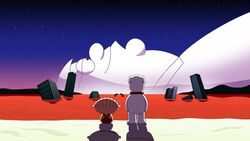  3boys anime_coloring apocalypse brian_griffin canine collar commentary english_commentary family_guy from_behind glasses gradient_sky highres lcl lolwutburger multiple_boys neon_genesis_evangelion parody peter_griffin red_collar red_ocean shadow sitting sky standing star_(sky) starry_sky stewie_griffin the_end_of_evangelion wide_shot 