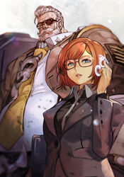  1boy armor beard black_shirt blazer blue_eyes brown_jacket collared_shirt erica_bartholomew eyepatch facial_hair fat fat_man female from_below glasses goldlewis_dickinson grey_hair grey_jacket guilty_gear guilty_gear_strive height_difference holographic_interface holographic_touchscreen hungry_clicker jacket looking_down looking_to_the_side moustache necktie orange_hair parted_bangs parted_lips shirt short_hair white_shirt yellow_necktie 