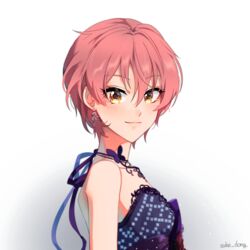  alternate_hair_length alternate_hairstyle artist_name bangs bare_shoulders breasts closed_mouth commentary earrings eyebrows_visible_through_hair female from_side heart heart_earrings highres idolmaster idolmaster_cinderella_girls jewelry jougasaki_mika looking_at_viewer looking_to_the_side necklace pink_hair portrait purple_ribbon ribbon sake_dong short_hair small_breasts smile solo strapless yellow_eyes 