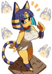  :&lt; animal_crossing animal_ears ankha_(animal_crossing) aqua_hair bandages bare_shoulders black_eyes blue_hair blunt_bangs blush bob_cut body_fur breasts cat_ears cat_girl cat_tail closed_mouth colored_inner_hair colored_skin commentary dress egyptian egyptian_clothes female frown furry furry_female greentanuki hair_ornament hieroglyphics highres large_breasts looking_at_viewer medium_hair multicolored_hair pencil_dress short_dress snake_hair_ornament solo striped_tail tail tsurime white_dress yellow_fur yellow_skin 