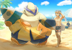  2boys 2girls abs barefoot beach beach_umbrella brawly_(pokemon) brown_hair cloud collarbone commentary_request cooler day dress footprints green_hair grey_hair hariyama holding knees lisia_(pokemon) male_swimwear may_(pokemon) multiple_boys multiple_girls navel niji_(shihio) official_alternate_costume outdoors palm_tree pink_dress pokemon pokemon_(creature) pokemon_masters_ex pokemon_oras shirt short_sleeves sitting sky standing steven_stone steven_stone_(summer_2020) surfboard swim_trunks toes topless_male tree umbrella wet 