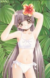  1990s_(style) :d alternate_hairstyle armpits arms_behind_head arms_up ass_visible_through_thighs bikini black_eyes black_hair blush bow bow_bikini collarbone contrapposto cowboy_shot female flat_chest flower hair_down hair_flower hair_ornament head_tilt hibiscus highres hime_cut kokoro_(kokoro_toshokan) kokoro_toshokan leaf light_particles long_hair looking_at_viewer navel plant red_flower retro_artstyle scan side-tie_bikini_bottom smile solo standing straight_hair swimsuit takagi_nobuyuki third-party_source very_long_hair white_bikini white_bow 