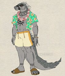  aloha_shirt anthro claws clothing crocodile crocodilian crocodylid daylon_(dislyte) dislyte flower_necklace footwear lilith_games male mask mouth_strap pattern_clothing pattern_shirt pattern_topwear red_eyes reptile sandals scalie shirt solo spikes swimming_trunks swimwear tattoo topwear zinthings 