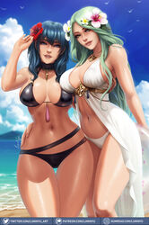  2girls arm_around_waist artist_name beach bikini black_bikini blue_hair breasts byleth_(female)_(fire_emblem) byleth_(female)_(summer)_(fire_emblem) byleth_(fire_emblem) cameltoe cleavage fire_emblem fire_emblem:_three_houses fire_emblem_heroes flower green_hair gumroad_logo gumroad_username hair_flower hair_ornament highres innertube long_hair luminyu medium_hair multiple_girls navel official_alternate_costume outdoors parted_lips patreon_logo patreon_username rhea_(fire_emblem) rhea_(summer)_(fire_emblem) stomach swim_ring swimsuit thighs toned twitter_logo twitter_username 