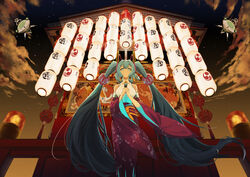  absurdly_long_hair absurdres aqua_hair architecture bare_shoulders blue_eyes breasts cloud commentary detached_sleeves east_asian_architecture feet_out_of_frame female from_below hatsune_miku highres holding holding_microphone japanese_clothes kyoto lantern long_hair long_sleeves looking_at_viewer machine microphone miyamoya night night_sky outdoors own_hands_together photoshop_(medium) shrine sky standing star_(sky) straight_hair tassel temple twintails very_long_hair vocaloid wide_sleeves wind 