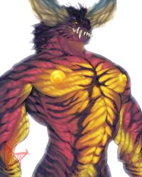  4:5 abs absurd_res anthro big_chest capcom dragon elder_dragon glowing glowing_nipples hi_res horn looking_at_viewer male monnsty monster_hunter muscular mythological_creature mythological_scalie mythology nergigante nipples pecs scales scalie small_waist smile smirk solo stripes teeth yellow_eyes 