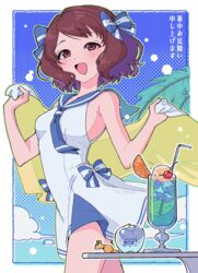  blue_dress blush bow breasts brown_hair cocktail_glass cup dress drinking_glass female hairbow highres holding holding_towel idolmaster idolmaster_cinderella_girls lvetica medium_breasts nagatomi_hasumi sailor_dress sleeveless sleeveless_dress smile solo towel translation_request 