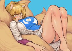  absurdres animal_ears ass bare_legs barefoot blonde_hair blue_background breasts chanta_(ayatakaoisii) dress fangs female fox_ears fox_tail from_side highres knees_up large_breasts looking_ahead lying multiple_tails on_back open_mouth panties pantyshot short_hair simple_background sitting_on_tail slit_pupils tail tail_pillow teeth thighs tongue touhou unaligned_ears underwear yakumo_ran yellow_eyes 