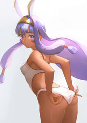  adjusting_clothes adjusting_swimsuit animal_ears ass back bare_shoulders blush breasts closed_mouth commentary_request dark-skinned_female dark_skin earrings facepaint facial_mark fate/grand_order fate_(series) female hair_between_eyes hair_tubes hairband highres hoop_earrings jackal_ears jewelry long_hair looking_at_viewer low-tied_long_hair medium_breasts nitocris_(fate) nitocris_(swimsuit_assassin)_(fate) nitocris_(swimsuit_assassin)_(second_ascension)_(fate) one-piece_swimsuit otsukemono purple_eyes purple_hair revision sidelocks simple_background solo swimsuit thighs very_long_hair white_one-piece_swimsuit 