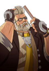  1boy absurdres blue_eyes brushing_hair brushing_own_hair c.kojin comb eyepatch facial_hair goldlewis_dickinson guilty_gear guilty_gear_strive highres male_focus necktie short_hair simple_background solo upper_body white_background white_hair 