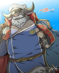  1boy ahab_(housamo) animal_ears bara beard belt brown_hair coat cow_ears cow_horns facial_hair female furry furry_male hat horns large_pectorals mature_male minotaur muscular muscular_male old old_man pectorals sanwari_(aruji_yume) tokyo_afterschool_summoners uniform 