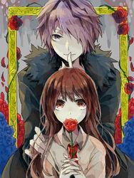  1boy blue_flower blue_rose brown_hair closed_mouth coat collared_shirt commentary_request female finger_to_mouth flower framed fur-trimmed_coat fur_trim garry_(ib) hair_over_one_eye hand_on_another&#039;s_shoulder holding holding_flower ib_(ib) ib_(kouri) long_hair necktie painting_(object) plant purple_eyes purple_hair red_eyes red_flower red_necktie red_rose rose shirt short_hair smile thorns vines wonoco0916 