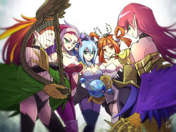  5girls animal_hands armor blue_hair boobplate breasts celestial_globe claws cleavage clothing_cutout commentary_request cyber_shield_(yu-gi-oh!) cyber_slash_harpie_lady duel_monster earrings green_eyes haku_yui_(shirayui255) harp harpie_channeler harpie_harpist harpie_lady harpie_oracle harpie_perfumer harpy holding holding_instrument hoop_earrings instrument jewelry long_hair medium_breasts monster_girl multicolored_hair multiple_girls navel navel_cutout orange_eyes orange_hair pink_hair pointy_ears purple_hair simple_background spiked_armor two-tone_hair white_background winged_arms wings yu-gi-oh! 