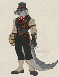  alternative_fashion anthro belt bottomwear claws clothing crocodile crocodilian crocodylid daylon_(dislyte) dislyte fangs hat headgear headwear lilith_games male mouth_strap pants red_eyes reptile scalie shirt solo spikes steampunk teeth top_hat topwear zinthings 