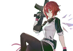  absurdres aiming_up arknights arm_support assault_rifle black_gloves black_jacket black_pantyhose black_skirt breasts closed_mouth commentary detached_wings energy_wings expressionless exusiai_(arknights) fanny_pack female finger_on_trigger fingerless_gloves from_side gloves gun hair_between_eyes highres holding holding_gun holding_weapon jacket knee_up looking_at_viewer looking_to_the_side medium_breasts naoel_(naoel_art) pantyhose red_eyes red_hair rifle short_hair short_sleeves simple_background sitting skirt solo turtleneck weapon white_background white_jacket wings 