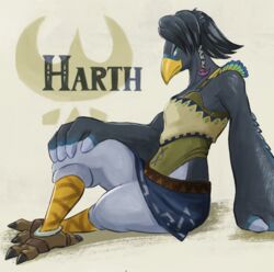  anthro armor avian beak black_body black_feathers black_hair clothing feathers feet green_eyes hair harth_(tloz) leather leather_clothing male nintendo rito sheep_riritoto sitting solo talons tears_of_the_kingdom the_legend_of_zelda toes 