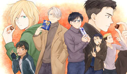  6+boys :t ;d black_gloves black_hair blonde_hair blue-framed_eyewear blue_eyes brown_eyes candy chocolate christophe_giacometti coat commentary_request cookie denim eating facial_hair fingerless_gloves food gift glasses gloves green_eyes grey_eyes grin hair_over_one_eye hand_in_pocket heart heart-shaped_chocolate highres it&#039;s_j.j._style! jean-jacques_leroy jeans katsuki_yuuri male_focus mouth_hold multiple_boys one_eye_closed open_mouth otabek_altin pants phichit_chulanont pocky revision smile takeshi_(mononohu20) turtleneck valentine viktor_nikiforov white_hair yuri!!!_on_ice yuri_plisetsky 