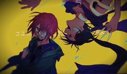  2others androgynous arde_(len&#039;en) bad_id bad_lofter_id bad_source black_shirt blood blood_drip blood_on_face blue_blood brown_hair cape choker collar collared_shirt eye_of_senri green_jacket hair_over_one_eye hand_on_own_arm holding holding_knife hood hood_down hooded_jacket jacket knife kuzu_suzumi len&#039;en long_sleeves multiple_others open_mouth orange_choker orange_shirt other_focus outstretched_arms purple_bandana purple_cape red_eyes red_hair shirt shitodo_hooaka short_hair smile teeth two-tone_choker upper_body upside-down white_choker white_trim woyaoshuijiao yellow_background 