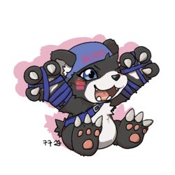  1:1 9999_td anthro backwards_baseball_cap backwards_hat bandai_namco baseball_cap bear bearmon blue_eyes brown_body brown_fur chibi claws clothing digimon digimon_(species) facial_markings fur hat head_markings headgear headwear mammal markings one_eye_closed pawpads simple_background sitting solo wink 