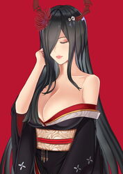  absurdres azur_lane bare_shoulders black_hair black_kimono breasts cleavage closed_eyes commentary_request female flower friedrich_der_grosse_(azur_lane) friedrich_der_grosse_(dark_raiments_of_gagaku)_(azur_lane) hair_flower hair_ornament hand_in_own_hair highres horn_ornament horns japanese_clothes kimono large_breasts lipstick long_hair makeup mature_female mechanical_horns off_shoulder official_alternate_costume red_background red_flower red_horns red_lips sash shinkou_no_shiba upper_body wide_sleeves 